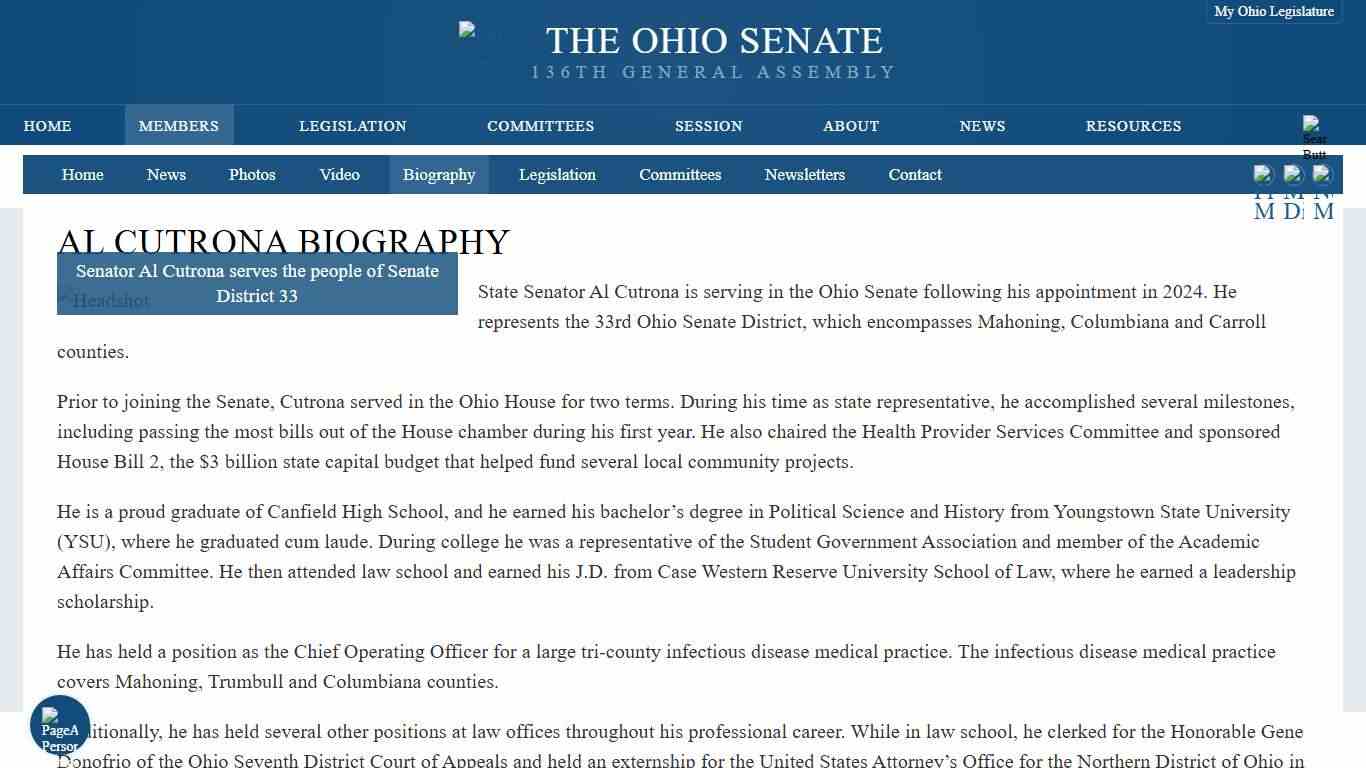 Senator Al Cutrona Biography Ohio Senate