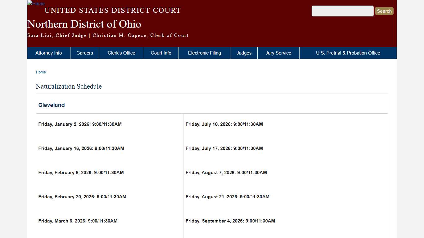 Naturalization Schedule Northern District of Ohio United States District Court